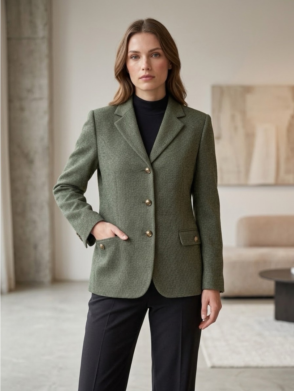 1. Focus 2000 Olive Green Herringbone Wool Blend Blazer Jacket Size 12